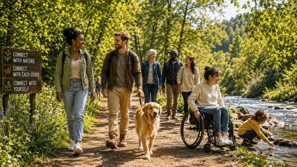 A diverse and inclusive group connecting with nature while walking beside a woodland river