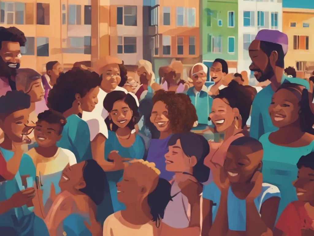 A vibrant illustration of a diverse, joyful community gathered together outdoors, representing unity, inclusion, and positive social impact. Featured in the BE(YOU)FULL article “Why Does Community Impact Matter?”