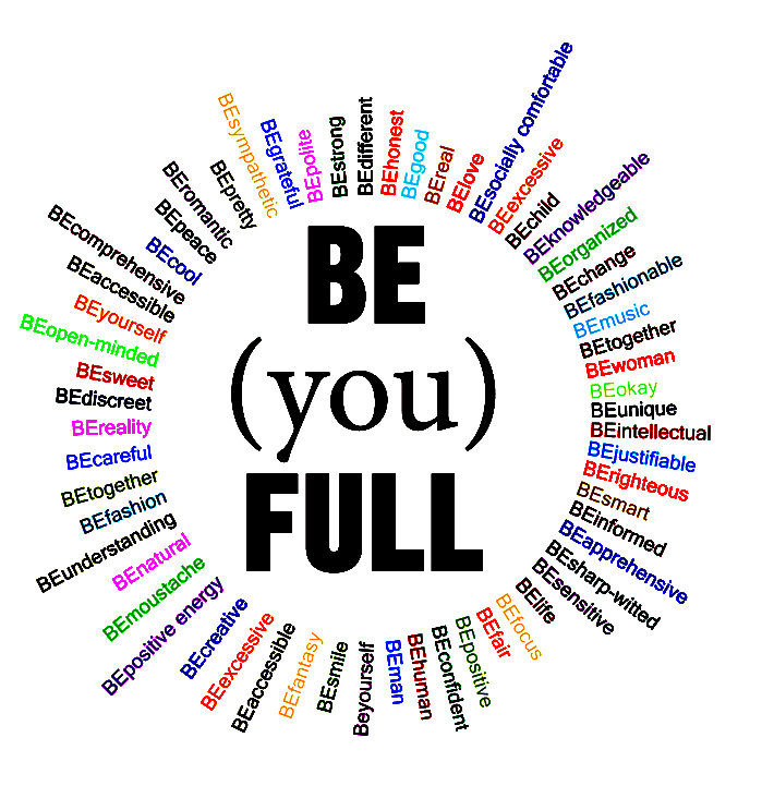 BE(YOU)FULL logo featuring empowering words like BEcreative, BEsensitive, BEstrong, and BEyourself in a circular layout. BE(YOU)FULL