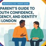 Parent and teenager sitting on a sofa, talking calmly, with a faint London skyline behind them representing youth confidence, agency, and identity support from BE(YOU)FULL CIC.
