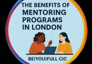 Illustration of a mentor and young person working together at a table, used as the feature image for “The State of Youth Mentoring in London” by BE(YOU)FULL CIC.