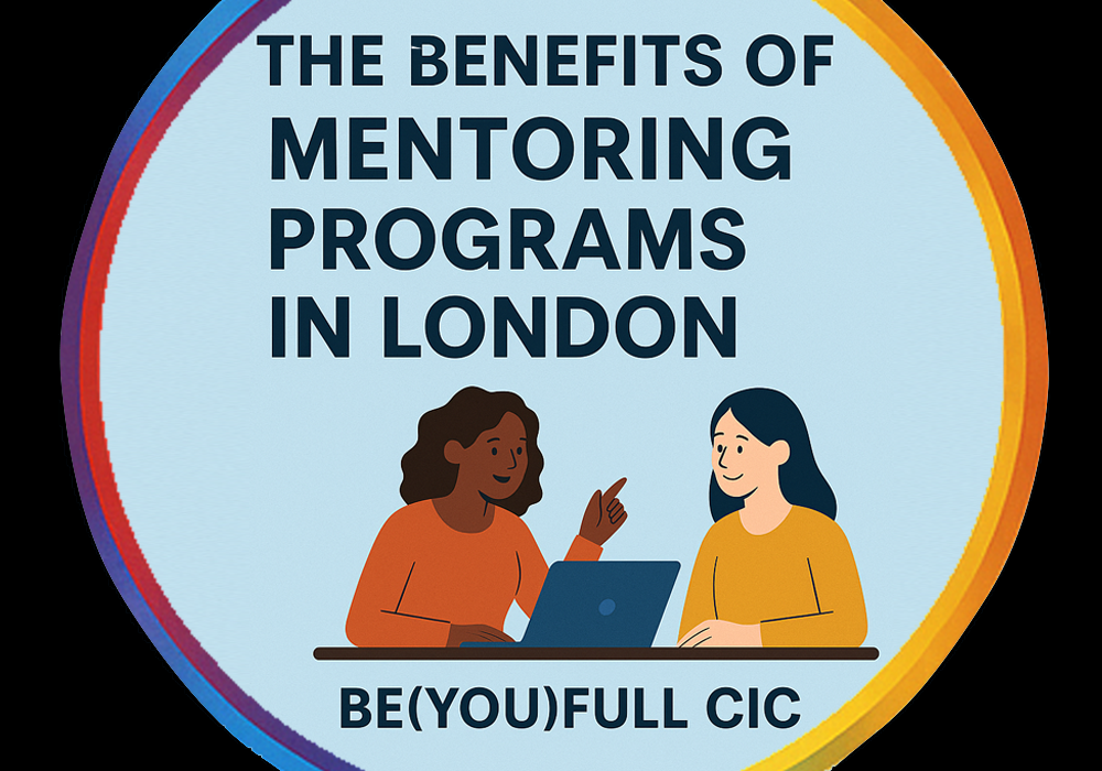 Illustration of a mentor and young person working together at a table, used as the feature image for “The State of Youth Mentoring in London” by BE(YOU)FULL CIC.
