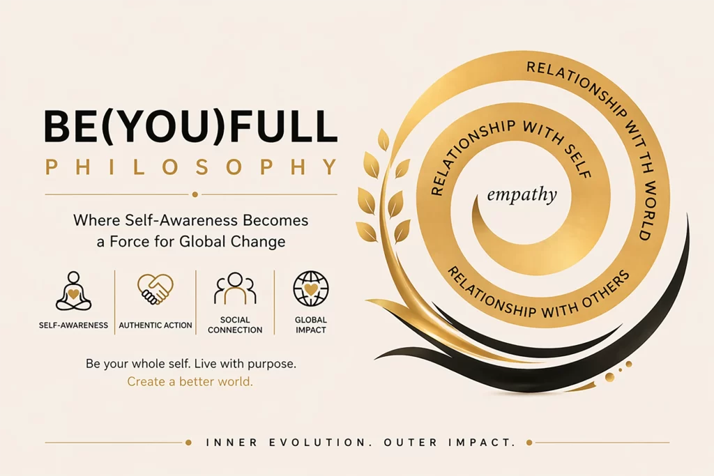 BE(YOU)FULL Wholeness Cycle showing self-awareness, authenticity, relationships, and global impact centred on empathy