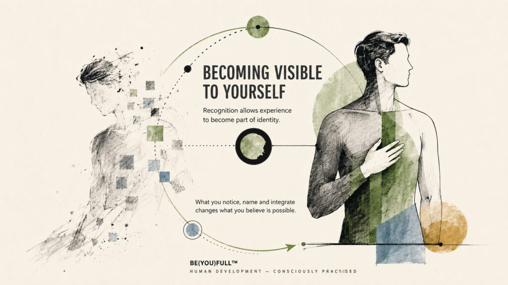 Becoming Visible to Yourself — BE(YOU)FULL illustration exploring authentic identity, self-recognition and human development